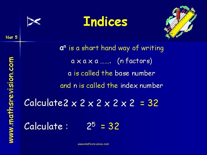 Indices Nat 5 www. mathsrevision. com an is a short hand way of writing