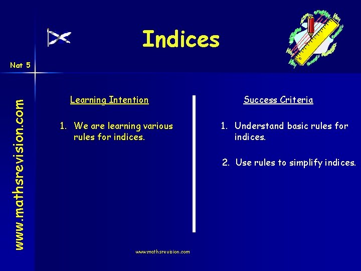 Indices www. mathsrevision. com Nat 5 Learning Intention 1. We are learning various rules