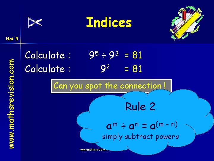 Indices www. mathsrevision. com Nat 5 Calculate : 95 ÷ 93 = 81 92