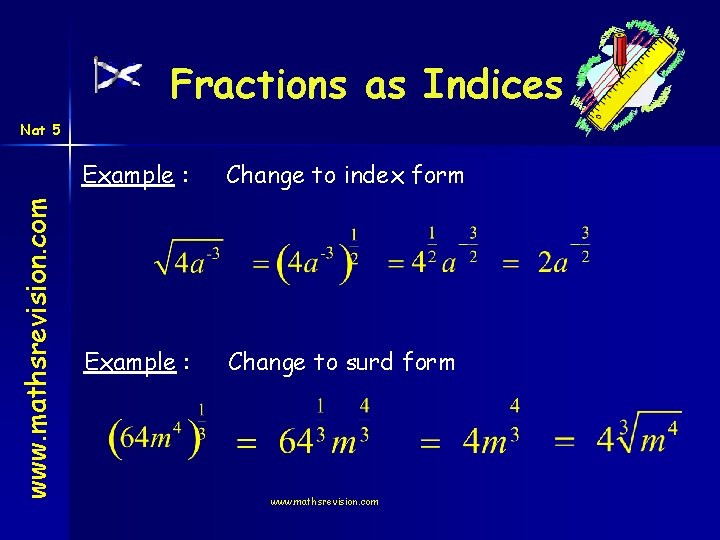 Fractions as Indices www. mathsrevision. com Nat 5 Example : Change to index form