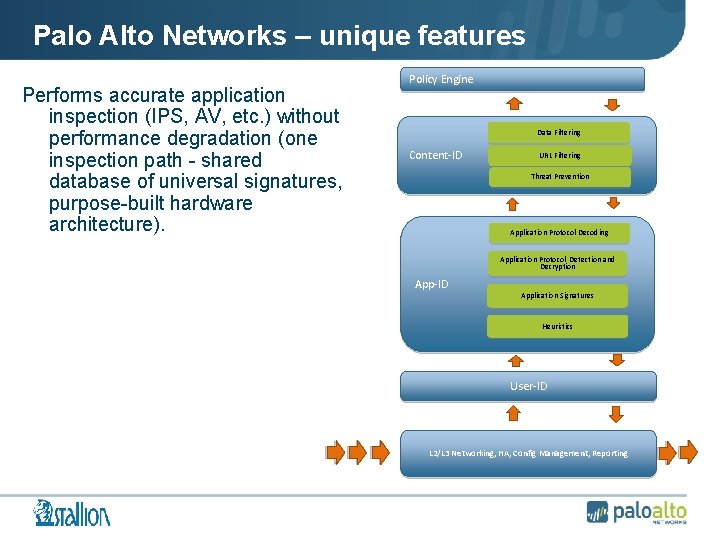 Palo Alto Networks – unique features Performs accurate application inspection (IPS, AV, etc. )