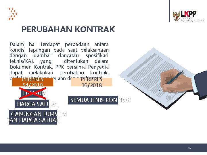 PERUBAHAN KONTRAK Dalam hal terdapat perbedaan antara kondisi lapangan pada saat pelaksanaan dengan gambar