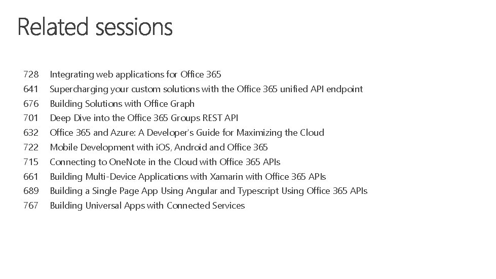728 Integrating web applications for Office 365 641 Supercharging your custom solutions with the