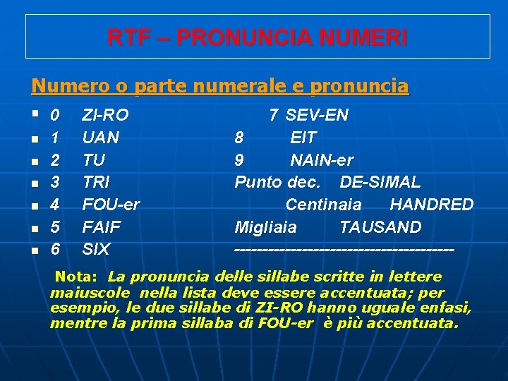 RTF – PRONUNCIA NUMERI Numero o parte numerale e pronuncia § 0 ZI-RO 7