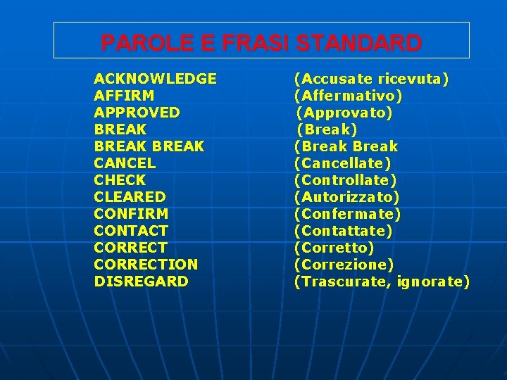 PAROLE E FRASI STANDARD ACKNOWLEDGE AFFIRM APPROVED BREAK CANCEL CHECK CLEARED CONFIRM CONTACT CORRECTION