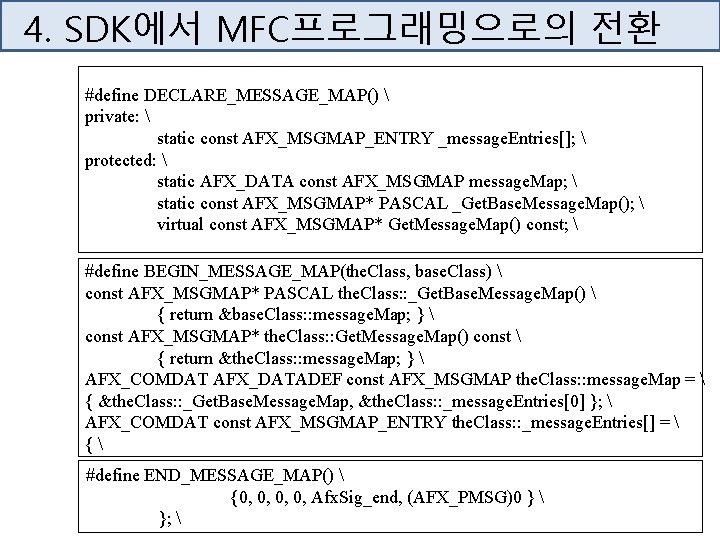 4. SDK에서 MFC프로그래밍으로의 전환 #define DECLARE_MESSAGE_MAP()  private:  static const AFX_MSGMAP_ENTRY _message. Entries[];