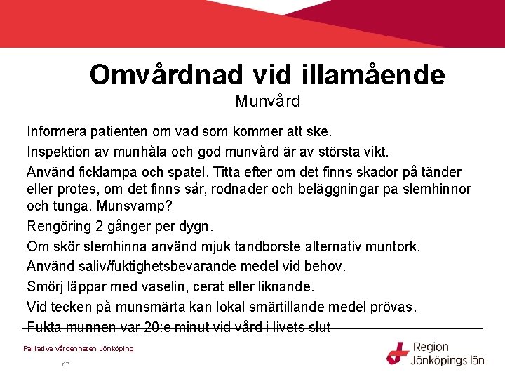 Omvårdnad vid illamående Munvård Informera patienten om vad som kommer att ske. Inspektion av