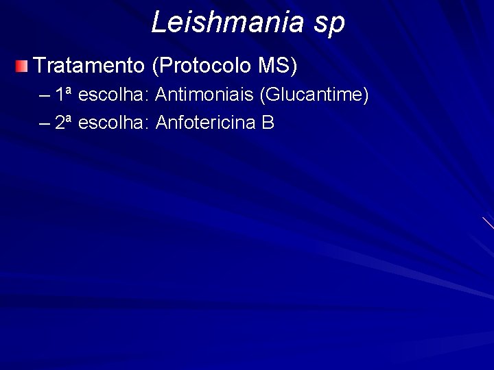 Leishmania sp Tratamento (Protocolo MS) – 1ª escolha: Antimoniais (Glucantime) – 2ª escolha: Anfotericina