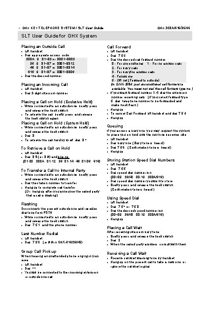 ● GHX KEY TELEPHONE SYSTEM / SLT User Guide GHX-308 A/616/36/46 SLT User Guide