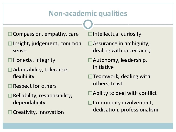 Non-academic qualities � Compassion, empathy, care � Intellectual curiosity � Insight, judgement, common �