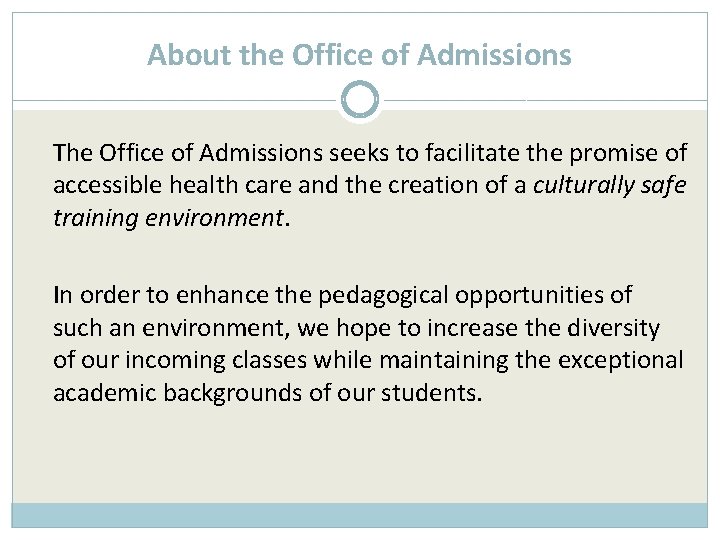 About the Office of Admissions The Office of Admissions seeks to facilitate the promise