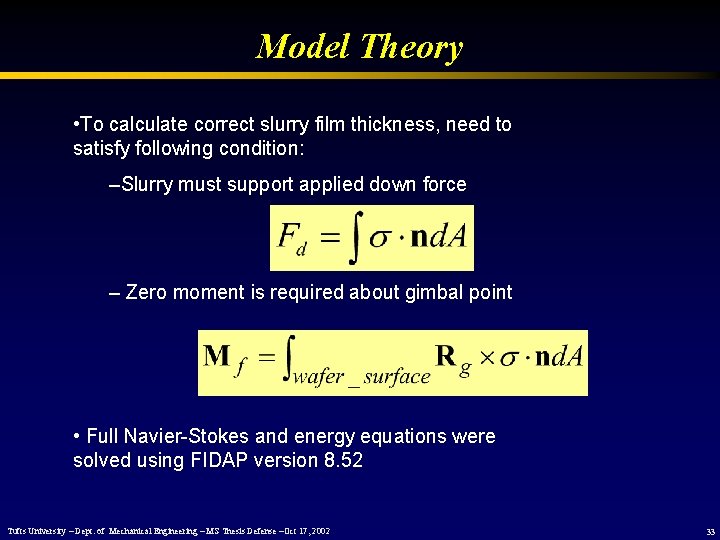 Model Theory • To calculate correct slurry film thickness, need to satisfy following condition: