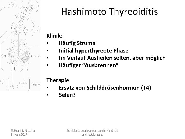 Hashimoto Thyreoiditis Klinik: • Häufig Struma • Initial hyperthyreote Phase • Im Verlauf Ausheilen