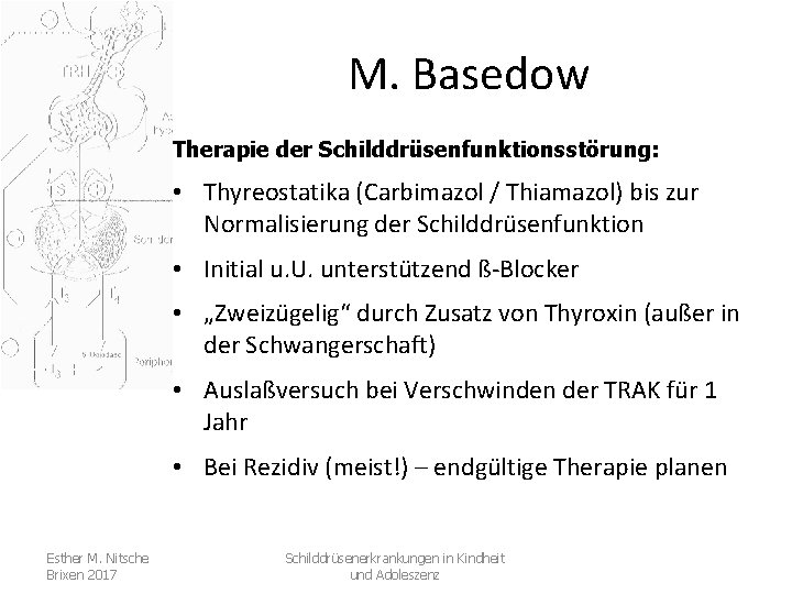 M. Basedow Therapie der Schilddrüsenfunktionsstörung: • Thyreostatika (Carbimazol / Thiamazol) bis zur Normalisierung der