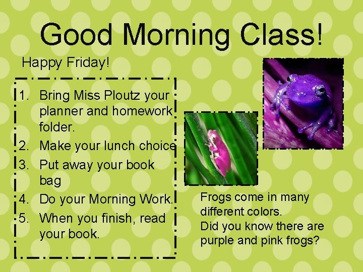 Good Morning Class! Happy Friday! 1. Bring Miss Ploutz your planner and homework folder.