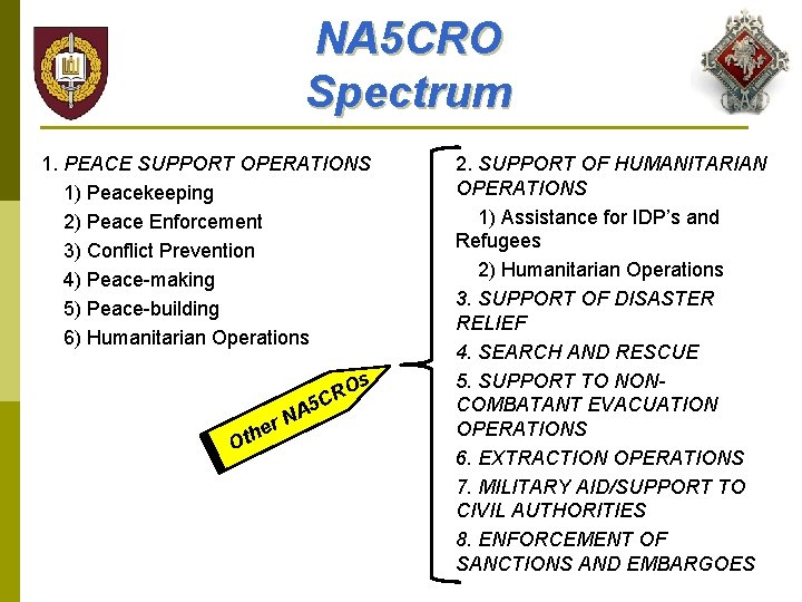 NA 5 CRO Spectrum 1. PEACE SUPPORT OPERATIONS 1) Peacekeeping 2) Peace Enforcement 3)