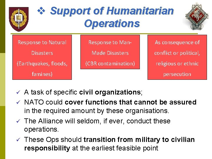 v Support of Humanitarian Operations Response to Natural Response to Man- As consequence of