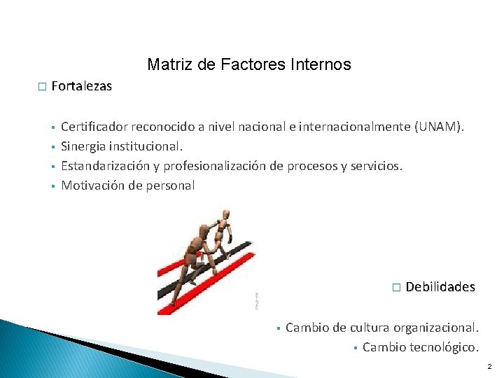 Matriz de Factores Internos � Fortalezas § § Certificador reconocido a nivel nacional e