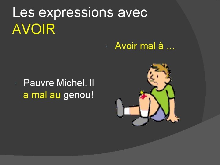 Les expressions avec AVOIR Pauvre Michel. Il a mal au genou! Avoir mal à. Les expressions avec AVOIR Pauvre Michel. Il a mal au genou! Avoir mal à.