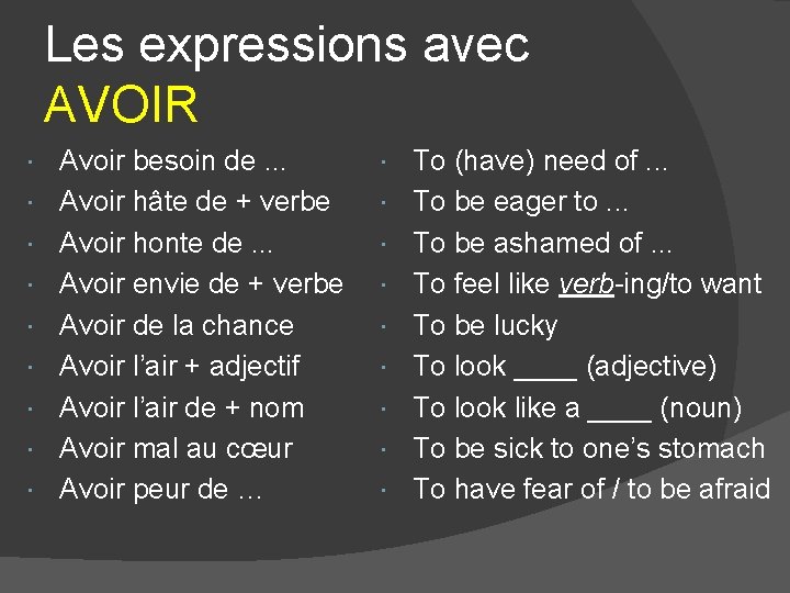 Les expressions avec AVOIR Avoir besoin de. . . Avoir hâte de + verbe Les expressions avec AVOIR Avoir besoin de. . . Avoir hâte de + verbe