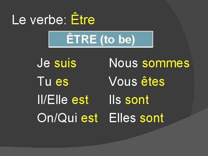 Le verbe: Être ÊTRE (to be) Je suis Tu es Il/Elle est On/Qui est Le verbe: Être ÊTRE (to be) Je suis Tu es Il/Elle est On/Qui est