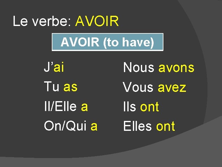 Le verbe: AVOIR (to have) J’ai Tu as Il/Elle a On/Qui a Nous avons Le verbe: AVOIR (to have) J’ai Tu as Il/Elle a On/Qui a Nous avons