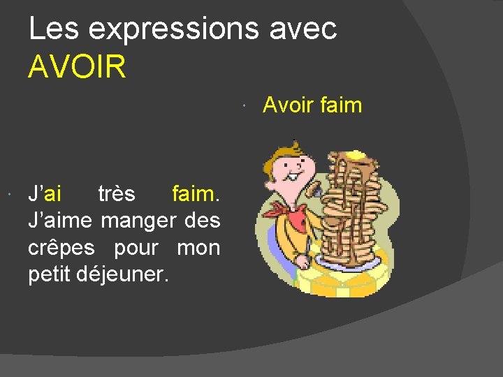 Les expressions avec AVOIR J’ai très faim. J’aime manger des crêpes pour mon petit Les expressions avec AVOIR J’ai très faim. J’aime manger des crêpes pour mon petit