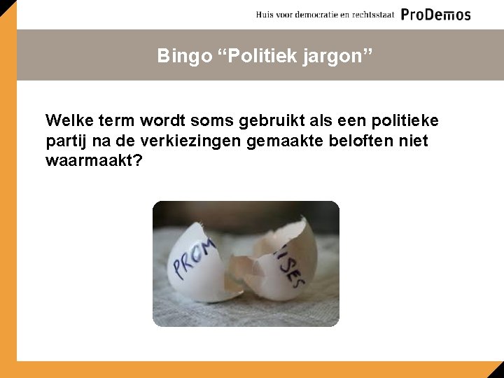 Bingo “Politiek jargon” Welke term wordt soms gebruikt als een politieke partij na de