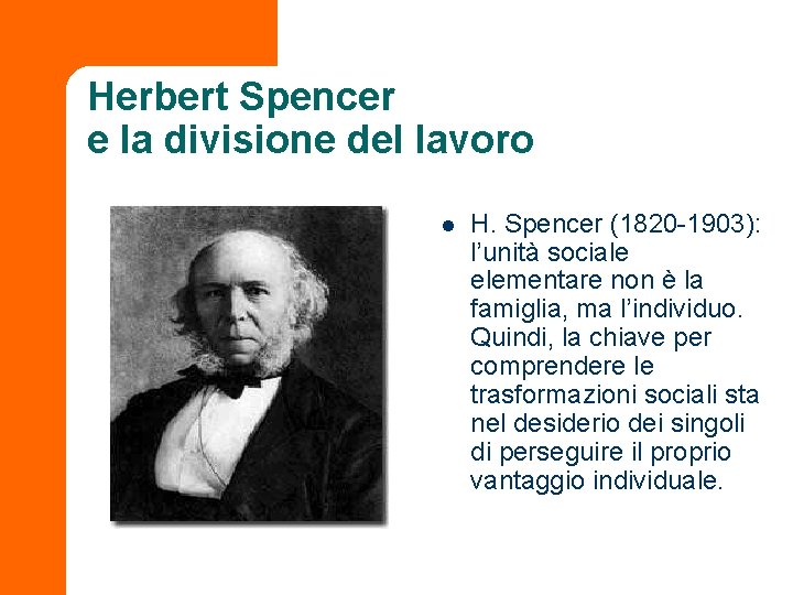 Herbert Spencer e la divisione del lavoro l H. Spencer (1820 -1903): l’unità sociale