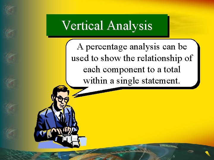 Vertical Analysis A percentage analysis can be used to show the relationship of each