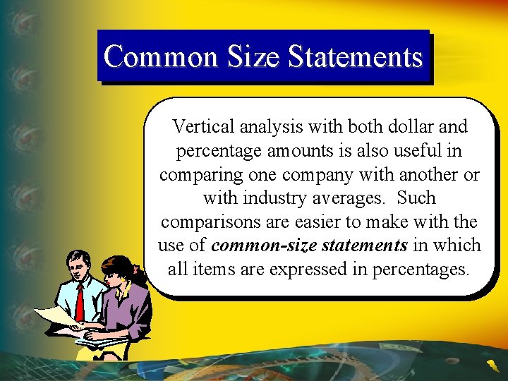 Common Size Statements Vertical analysis with both dollar and percentage amounts is also useful