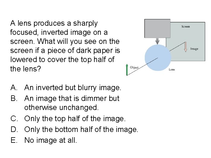 Quick. Check 23. 10 A lens produces a sharply focused, inverted image on a