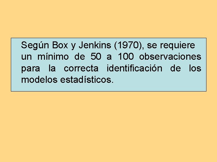 Según Box y Jenkins (1970), se requiere un mínimo de 50 a 100 observaciones Según Box y Jenkins (1970), se requiere un mínimo de 50 a 100 observaciones