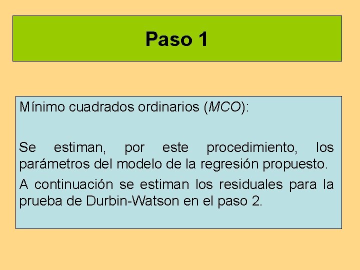 Paso 1 Mínimo cuadrados ordinarios (MCO): Se estiman, por este procedimiento, los parámetros del Paso 1 Mínimo cuadrados ordinarios (MCO): Se estiman, por este procedimiento, los parámetros del