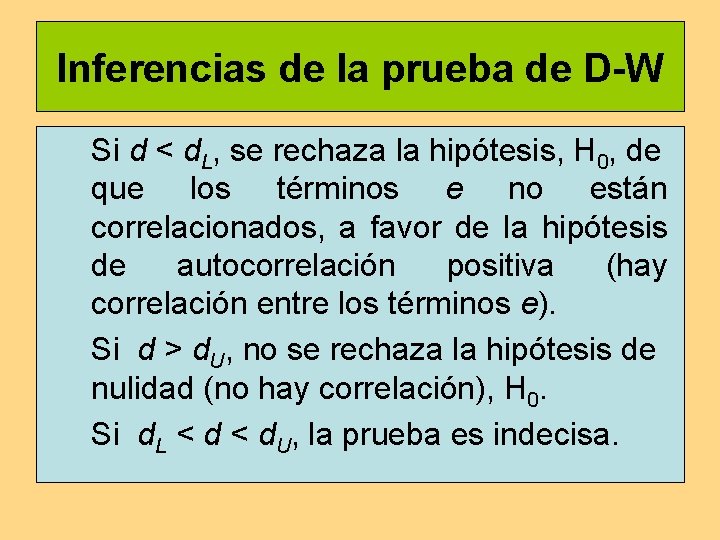 Inferencias de la prueba de D-W Si d < d. L, se rechaza la Inferencias de la prueba de D-W Si d < d. L, se rechaza la