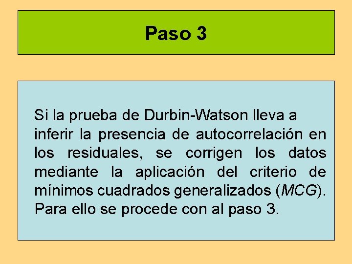 Paso 3 Si la prueba de Durbin-Watson lleva a inferir la presencia de autocorrelación Paso 3 Si la prueba de Durbin-Watson lleva a inferir la presencia de autocorrelación