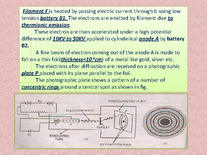 Filament F is heated by passing electric current through it using low tension battery