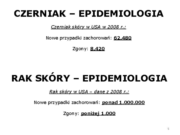 CZERNIAK – EPIDEMIOLOGIA Czerniak skóry w USA w 2008 r. : Nowe przypadki zachorowań: