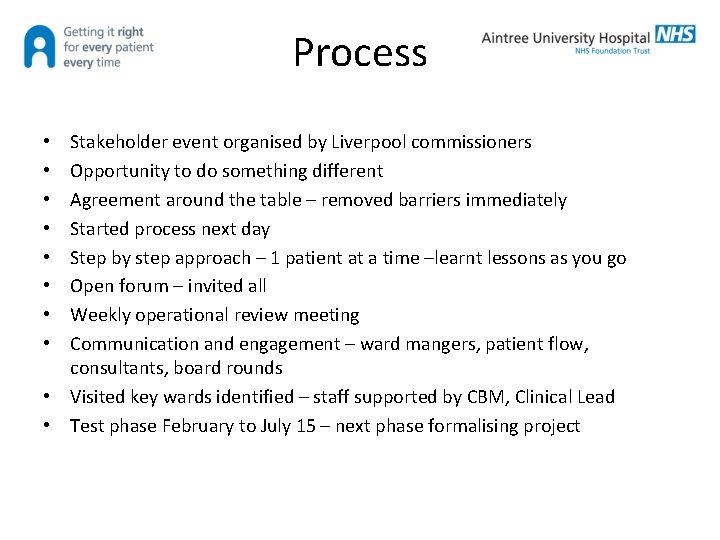 Process Stakeholder event organised by Liverpool commissioners Opportunity to do something different Agreement around