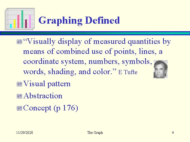 Graphing Defined “Visually display of measured quantities by means of combined use of points,