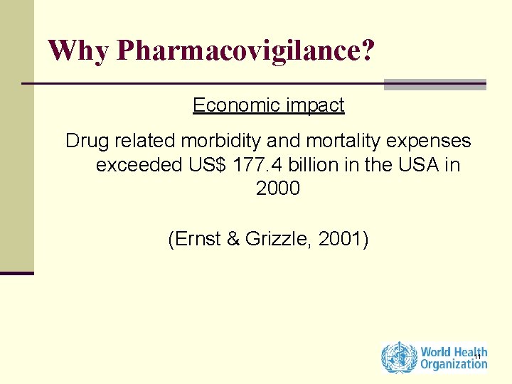 Why Pharmacovigilance? Economic impact Drug related morbidity and mortality expenses exceeded US$ 177. 4