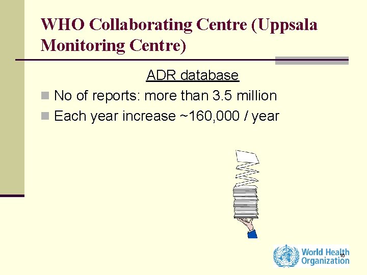 WHO Collaborating Centre (Uppsala Monitoring Centre) ADR database n No of reports: more than