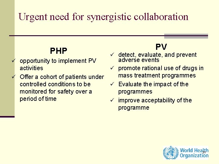 Urgent need for synergistic collaboration PHP PV ü detect, evaluate, and prevent adverse events