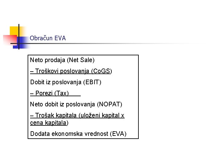 Obračun EVA Neto prodaja (Net Sale) – Troškovi poslovanja (Co. GS) Dobit iz poslovanja