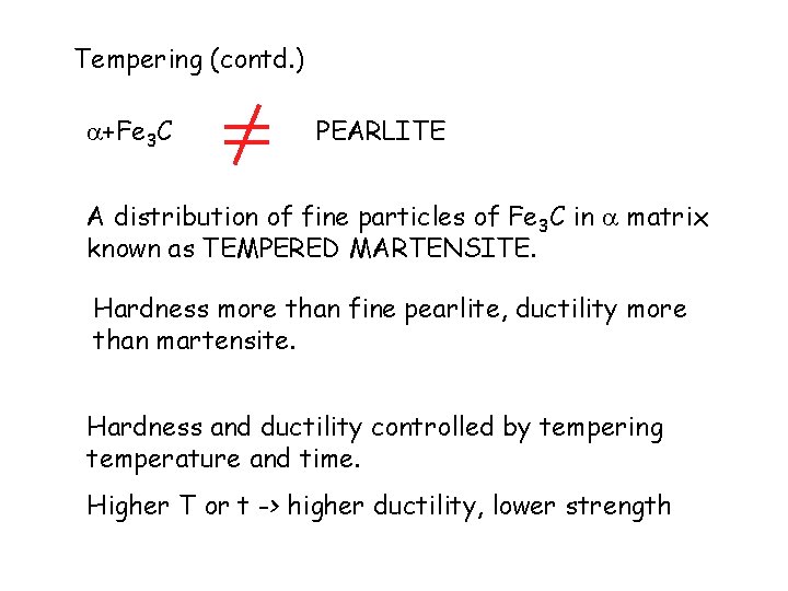 Tempering (contd. ) +Fe 3 C PEARLITE A distribution of fine particles of Fe