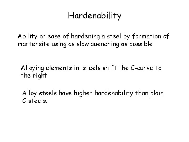 Hardenability Ability or ease of hardening a steel by formation of martensite using as