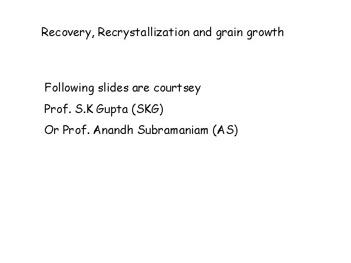 Recovery, Recrystallization and grain growth Following slides are courtsey Prof. S. K Gupta (SKG)