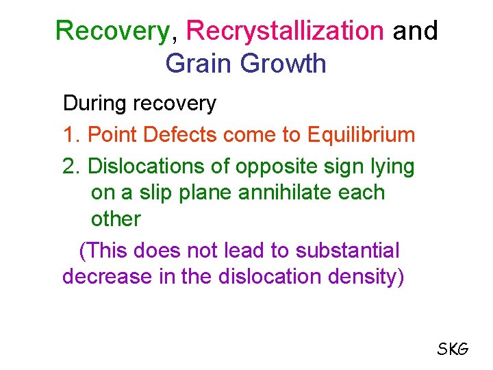 Recovery, Recrystallization and Grain Growth During recovery 1. Point Defects come to Equilibrium 2.