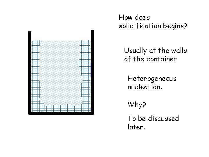 How does solidification begins? Usually at the walls of the container Heterogeneous nucleation. Why?