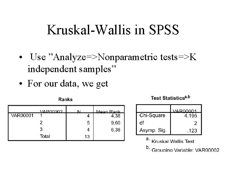 Kruskal-Wallis in SPSS • Use ”Analyze=>Nonparametric tests=>K independent samples” • For our data, we